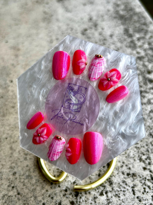 Tropical Hibiscus 3D Flora Press-On Nails | Shimmer Pink & Coral Custom Hand-Painted Set
