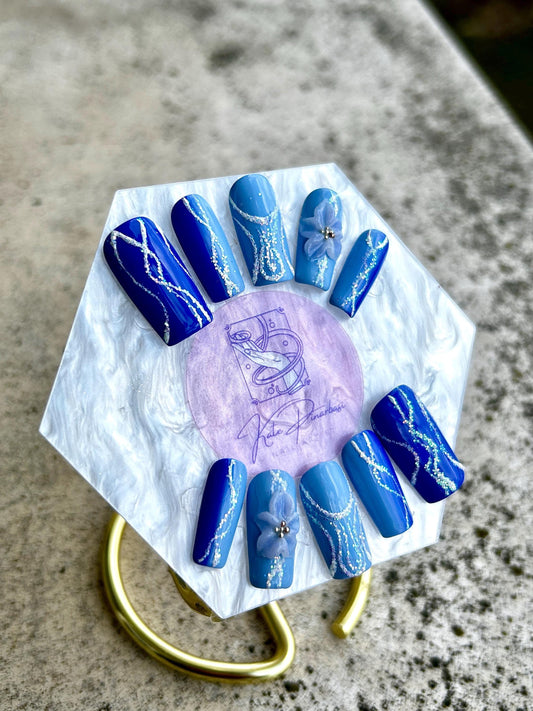 Sapphire Wave 3D Floral Press-On Nails | Glitter Marble & Sculpted Blue Bloom Custom Set