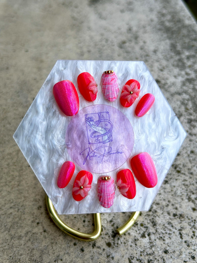Tropical Hibiscus 3D Flora Press-On Nails | Shimmer Pink & Coral Custom Hand-Painted Set