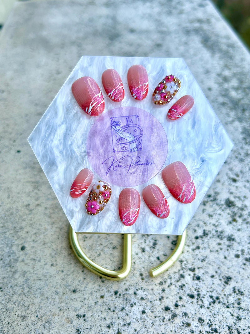 Pink Aura Blossom 3D Floral & Gold Bead Press-On Nails