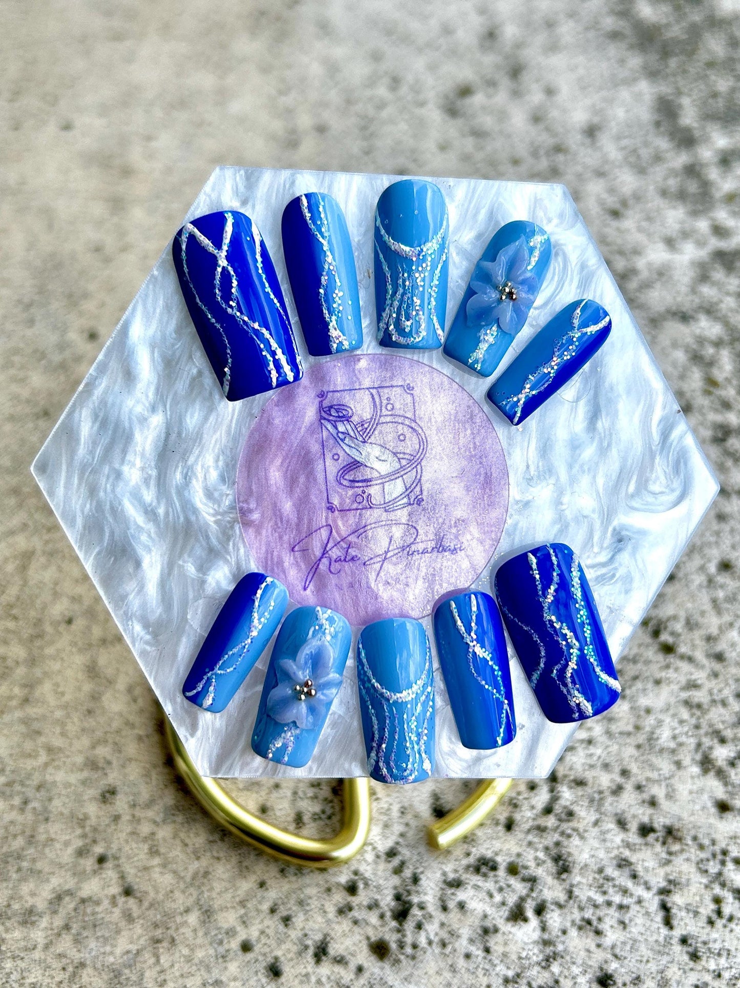 Sapphire Wave 3D Floral Press-On Nails | Glitter Marble & Sculpted Blue Bloom Custom Set