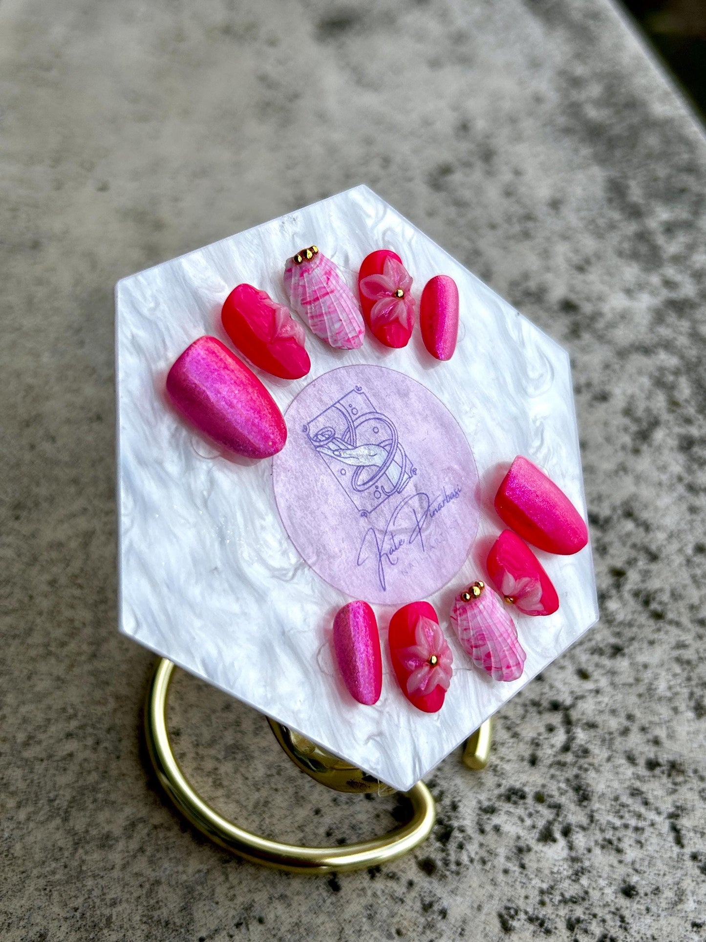Tropical Hibiscus 3D Flora Press-On Nails | Shimmer Pink & Coral Custom Hand-Painted Set