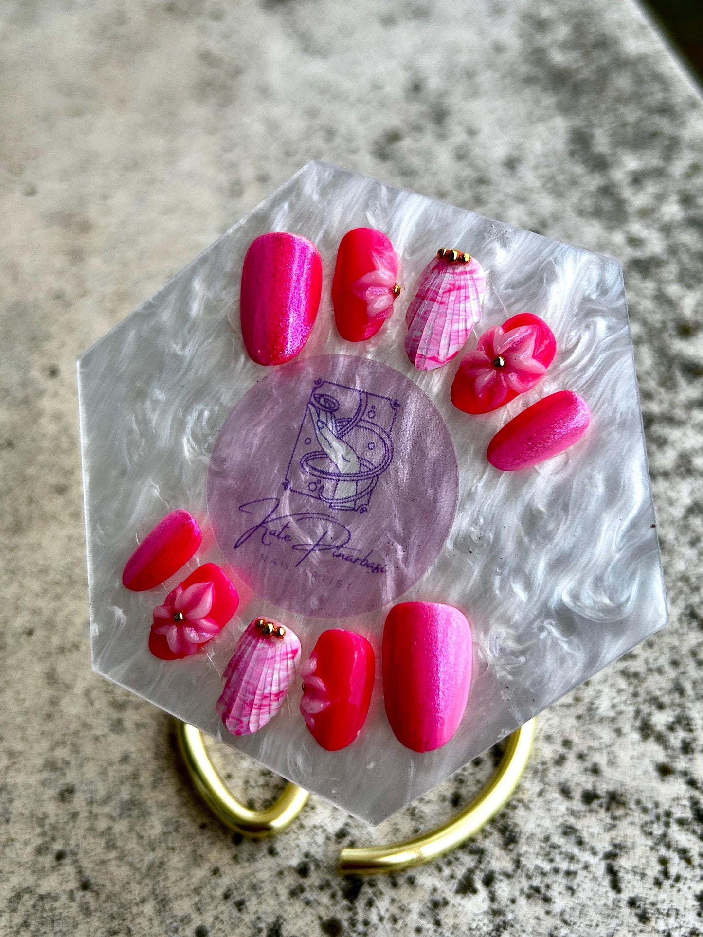 Tropical Hibiscus 3D Flora Press-On Nails | Shimmer Pink & Coral Custom Hand-Painted Set