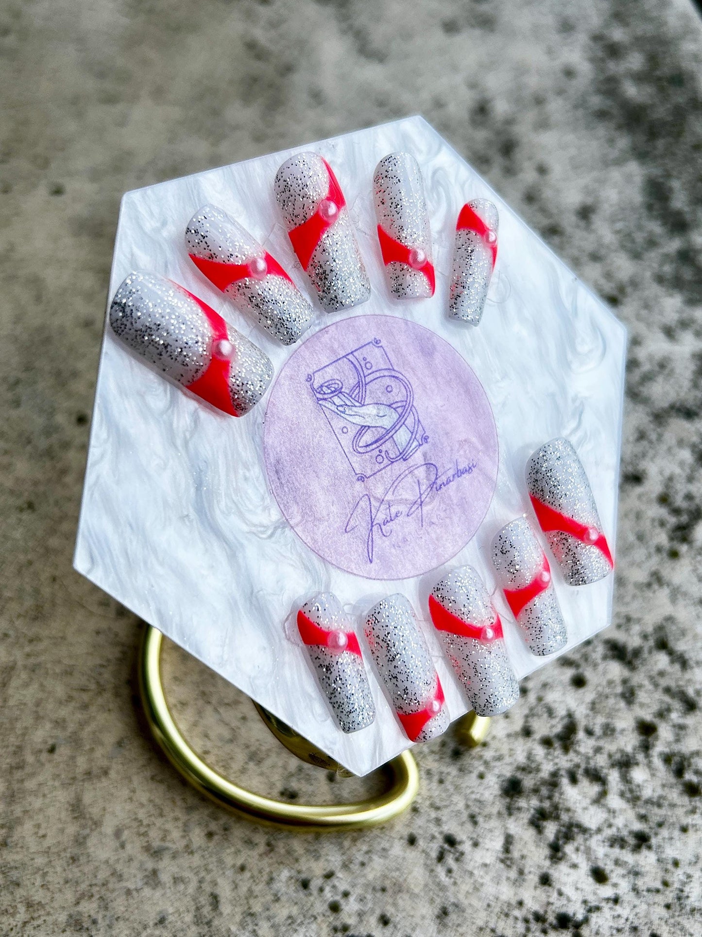Cyber-Pink Pearl Ribbon Press-On Nails | Silver Glitter Sugar Texture & Neon Wrap Custom Set