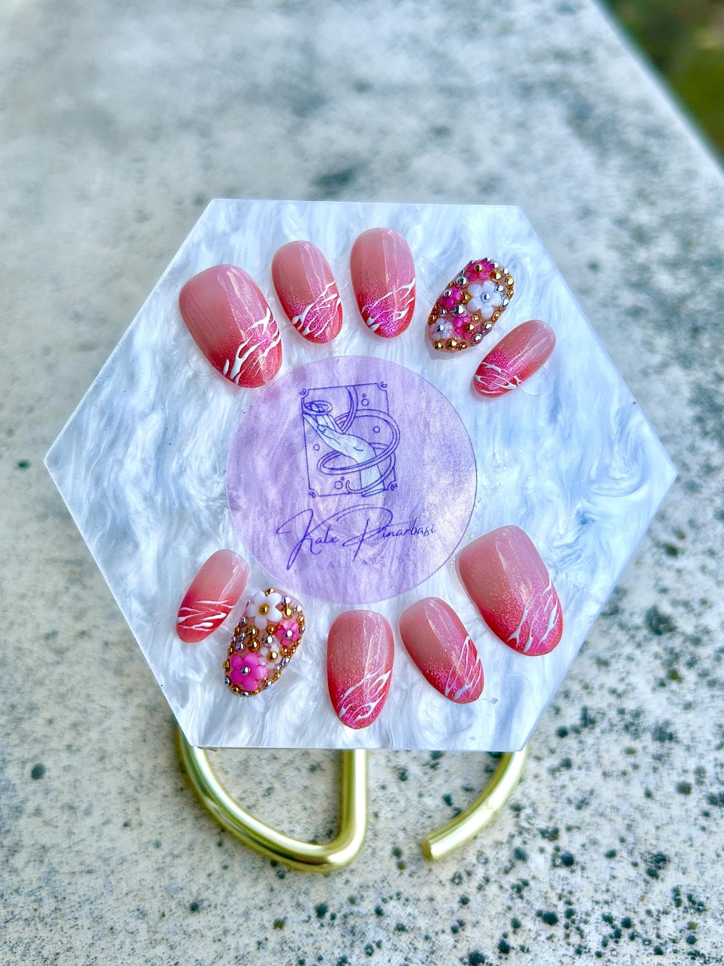 Pink Aura Blossom 3D Floral & Gold Bead Press-On Nails