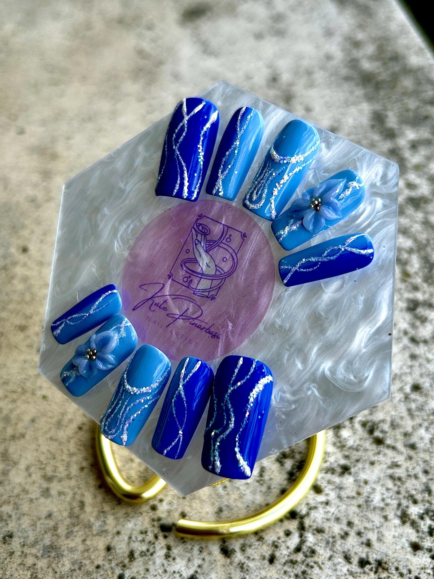 Sapphire Wave 3D Floral Press-On Nails | Glitter Marble & Sculpted Blue Bloom Custom Set