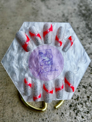 Cyber-Pink Pearl Ribbon Press-On Nails | Silver Glitter Sugar Texture & Neon Wrap Custom Set