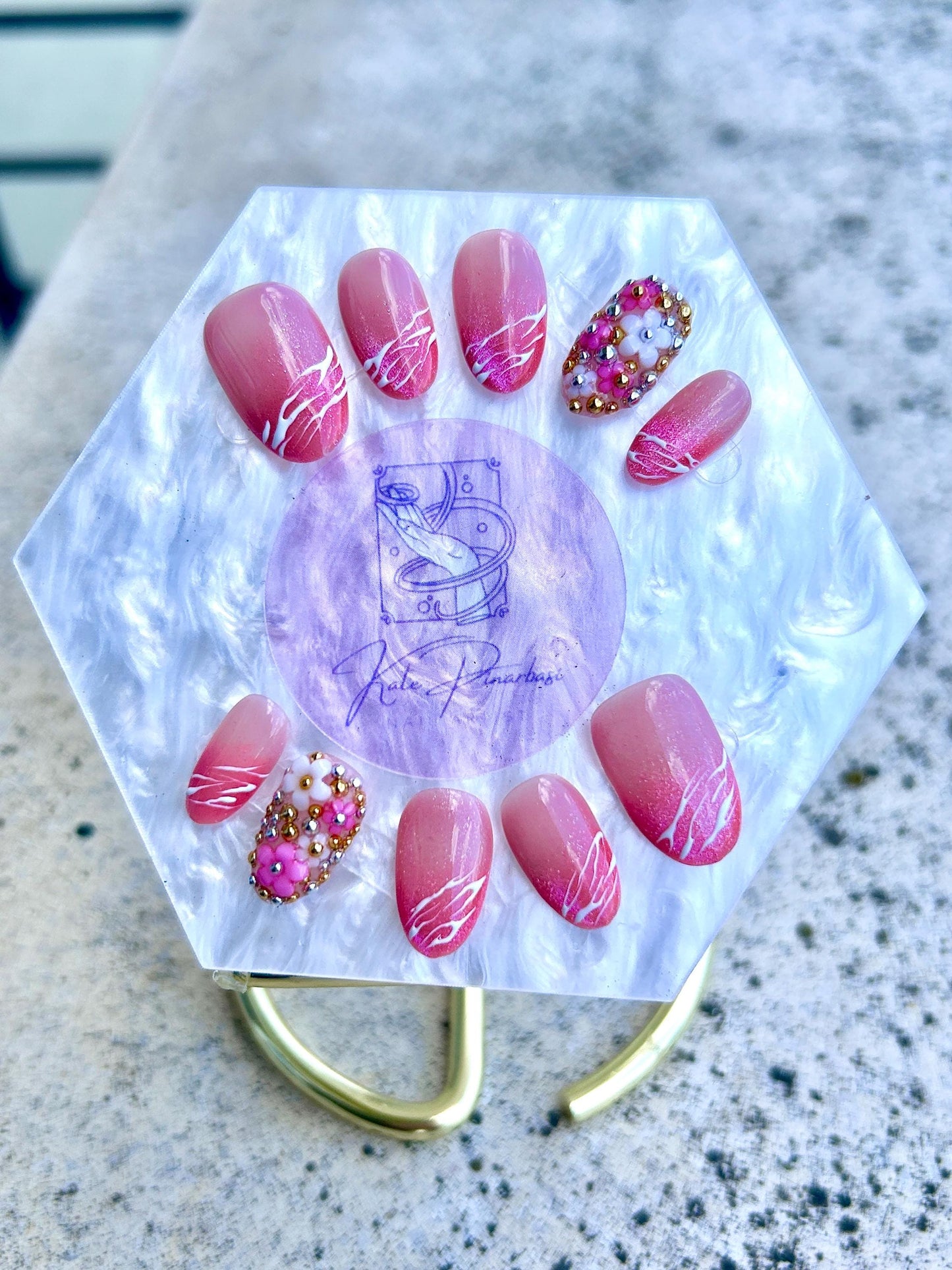 Pink Aura Blossom 3D Floral & Gold Bead Press-On Nails