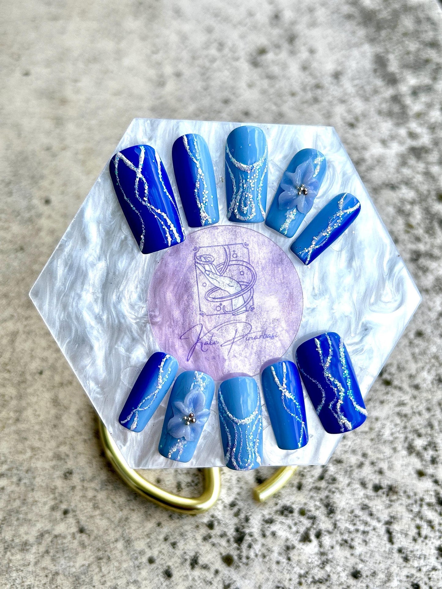 Sapphire Wave 3D Floral Press-On Nails | Glitter Marble & Sculpted Blue Bloom Custom Set