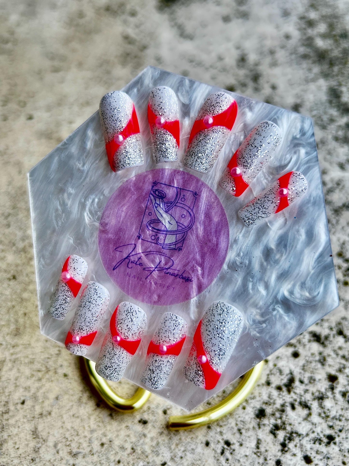 Cyber-Pink Pearl Ribbon Press-On Nails | Silver Glitter Sugar Texture & Neon Wrap Custom Set