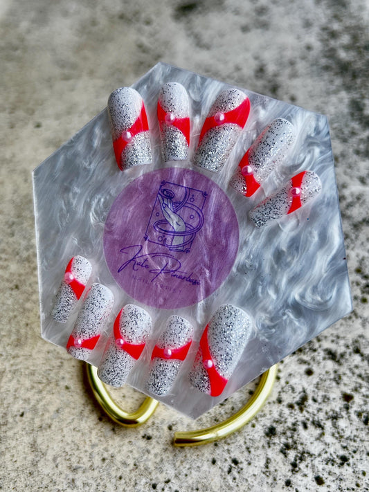 Cyber-Pink Pearl Ribbon Press-On Nails | Silver Glitter Sugar Texture & Neon Wrap Custom Set